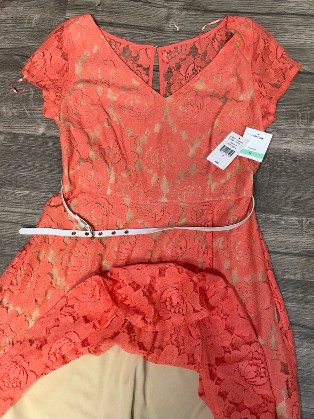 J. Taylor NWT Coral Floral Lace Fit & Flare Dress Size 8 Belted - Picture 8 of 11